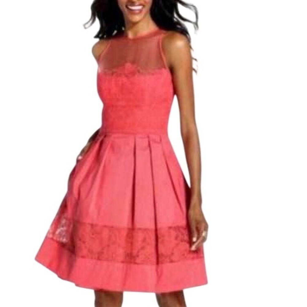 Maggy London Coral Pink Lace Illusion Mesh Fit and Flare Cocktail Dress Size 8